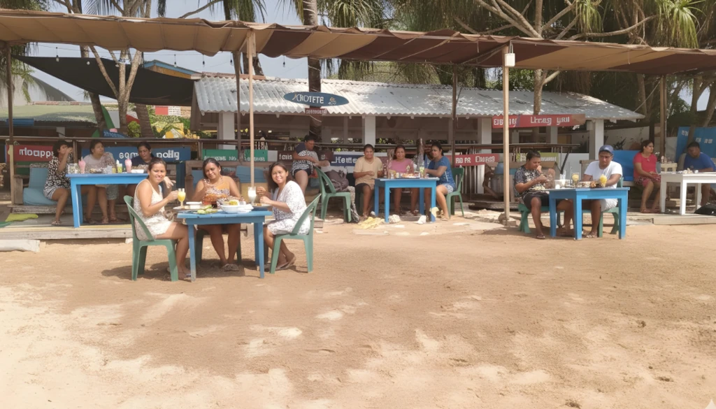 Guests enjoying a daytime meal at blue wooden tables under a large sunshade on the sandy beachfront.