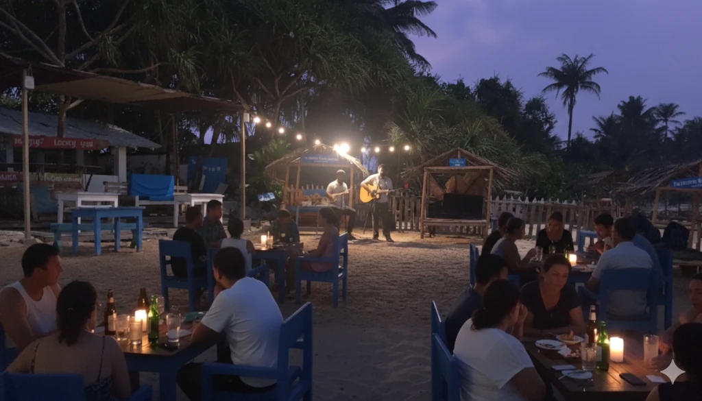The beach restaurant at night, featuring a warm glow from lanterns and stage lights as a duo performs for guests.