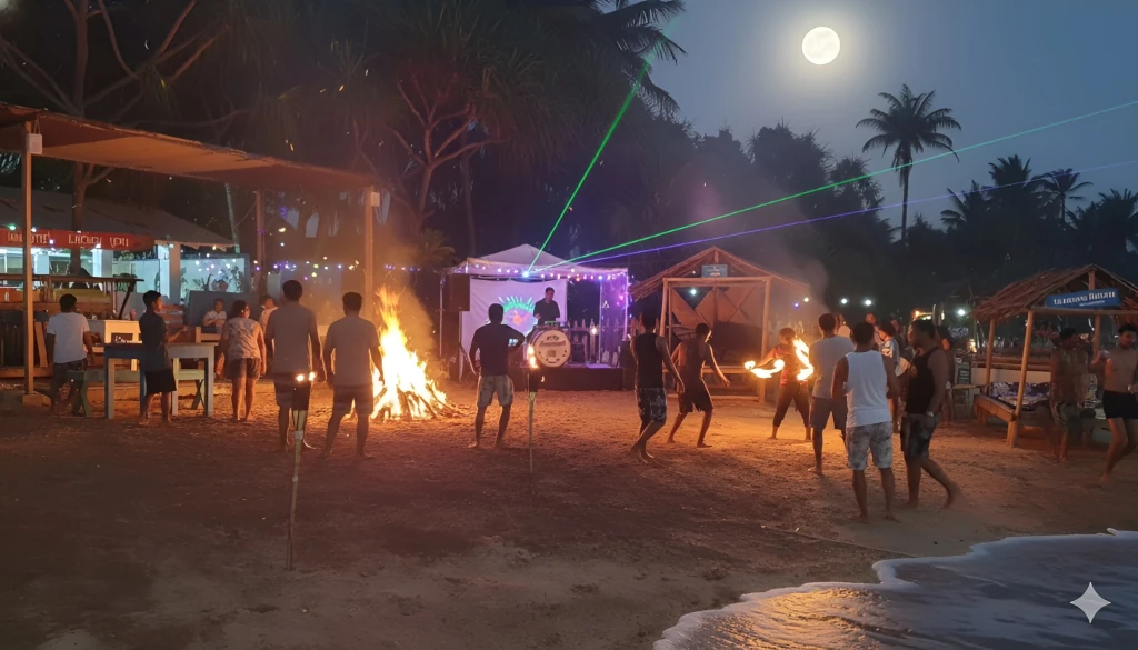 An energetic night party on the beach featuring a large bonfire, laser lights, a DJ booth, and guests enjoying the festivities under a full moon.