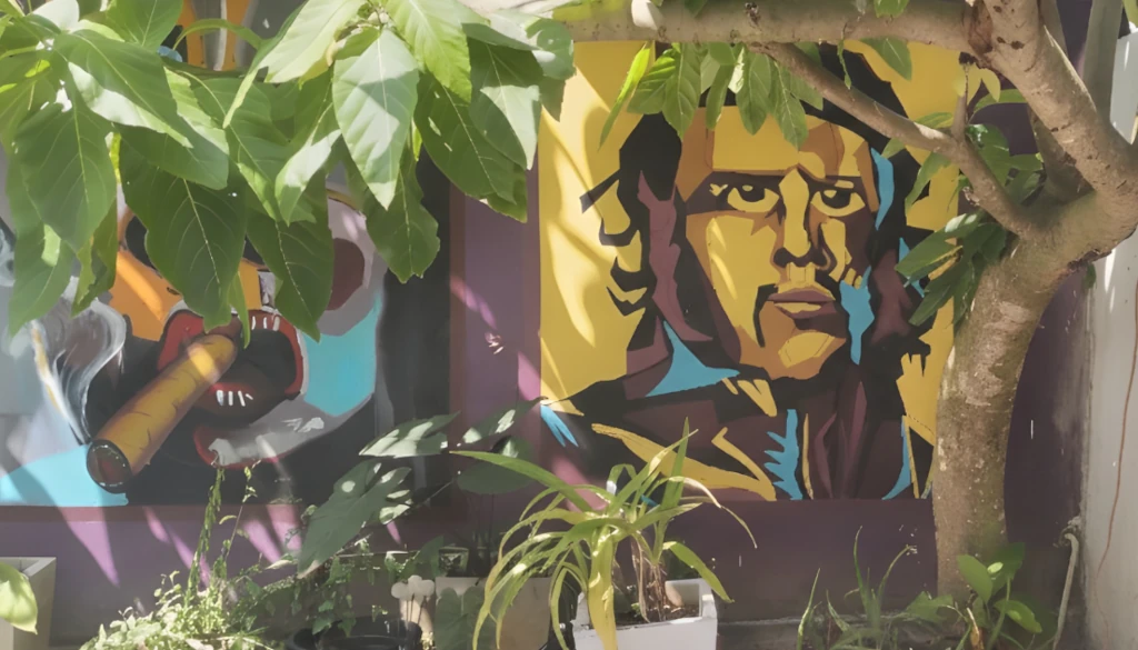 A close-up of vibrant, stylized portrait murals on the restaurant walls, partially framed by tropical greenery.