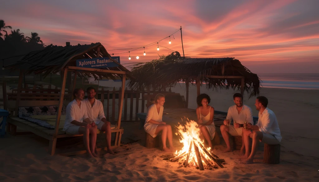 A group of friends in white attire gathered around a cozy beach bonfire under a dramatic pink and orange sunset sky.