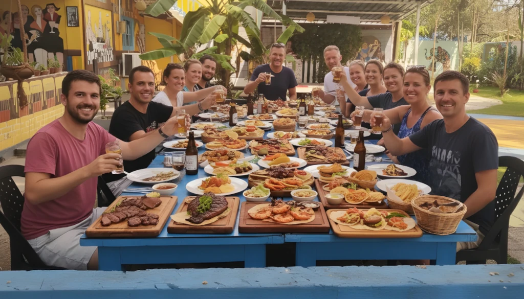 A large group of friends cheering with drinks around a long blue table covered in an extensive spread of seafood, meats, and appetizers.