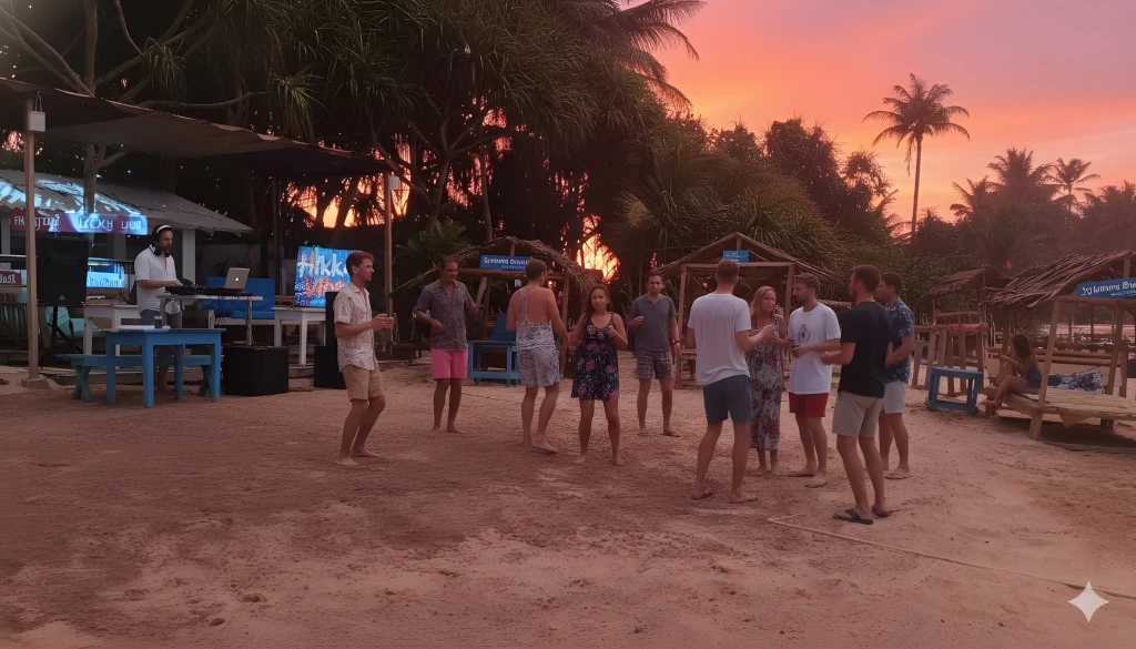 A vibrant sunset party on the beach with a DJ performing and guests dancing on the sand against a fiery orange sky.